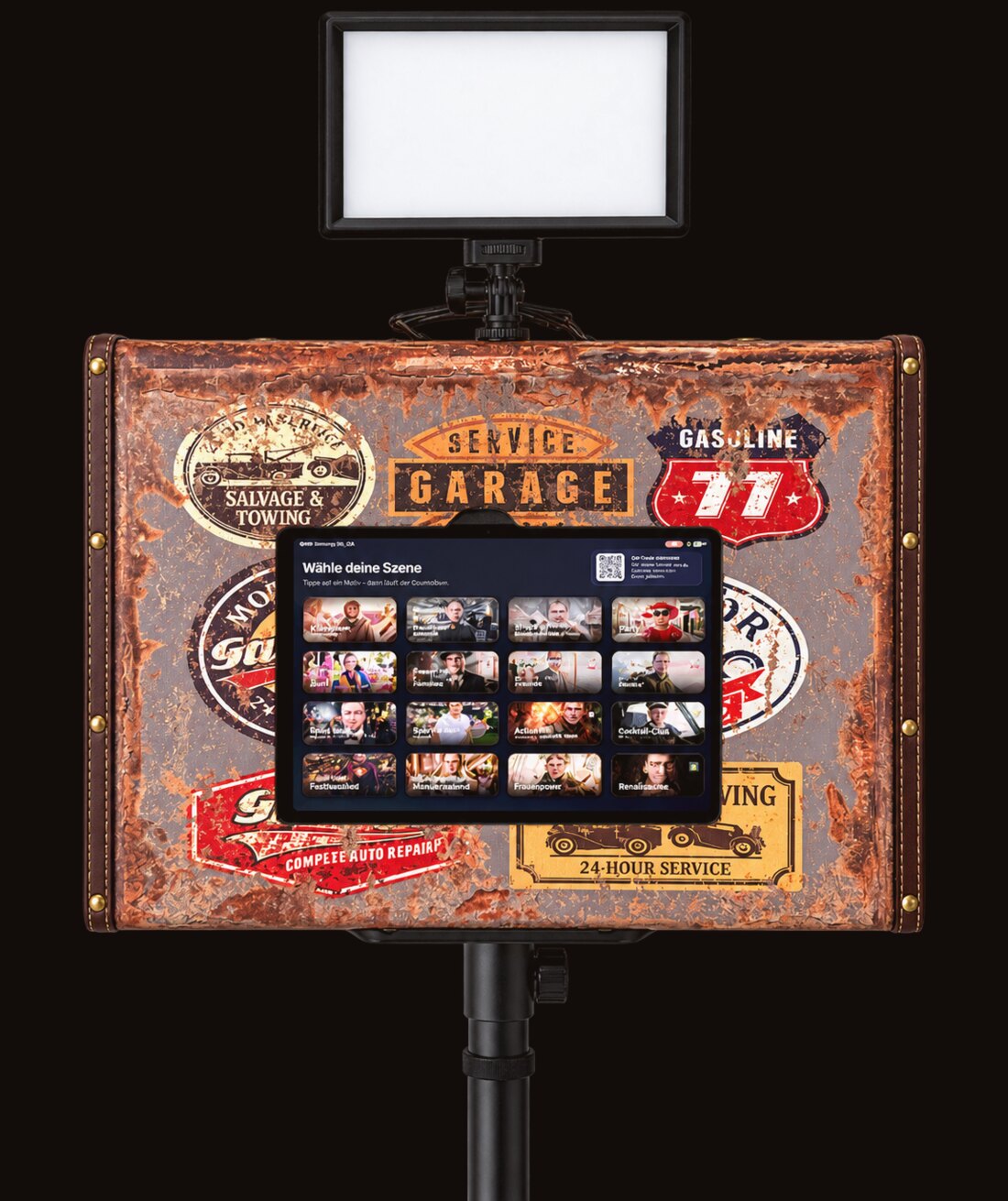 Fotokoffer auf Stativ mit LED-Flächenlicht und Tablet-Display